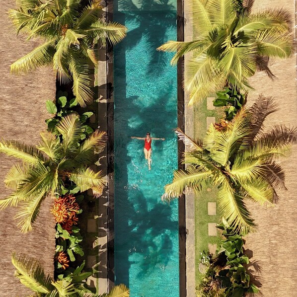 Piscine extérieure, chaises longues