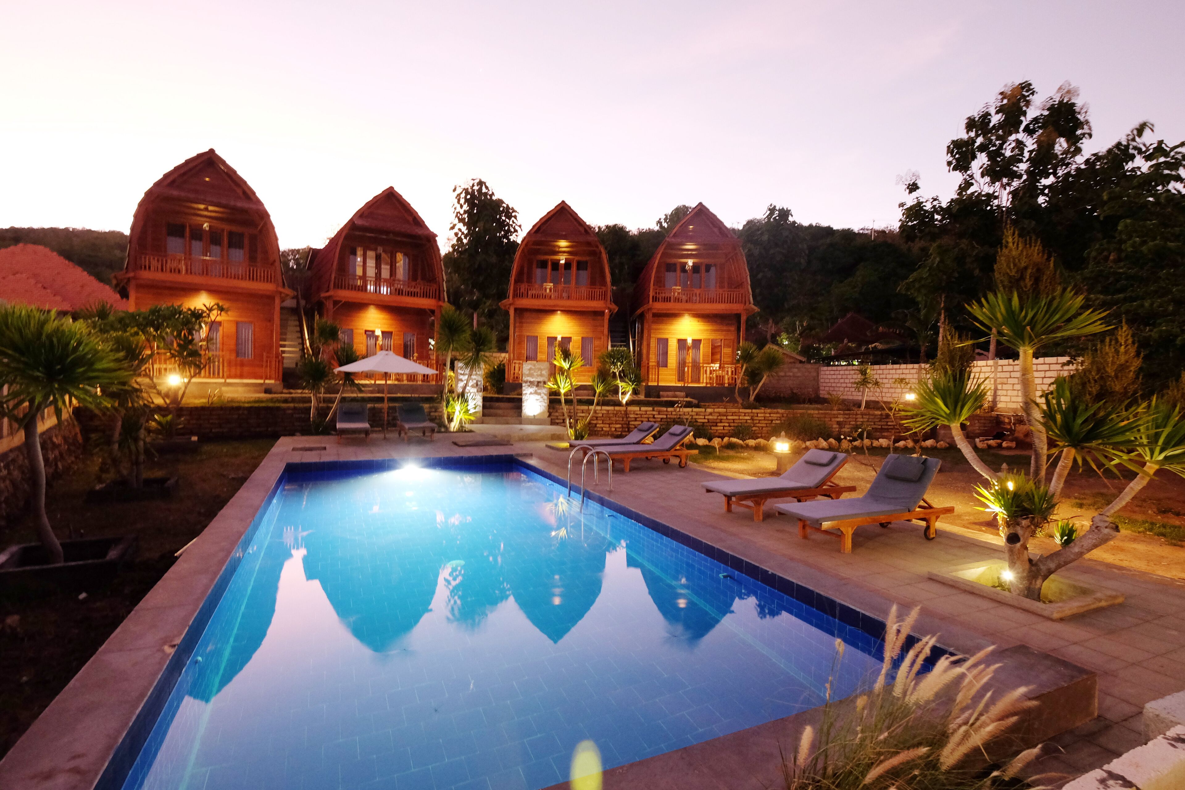 Outdoor pool, pool umbrellas, pool loungers