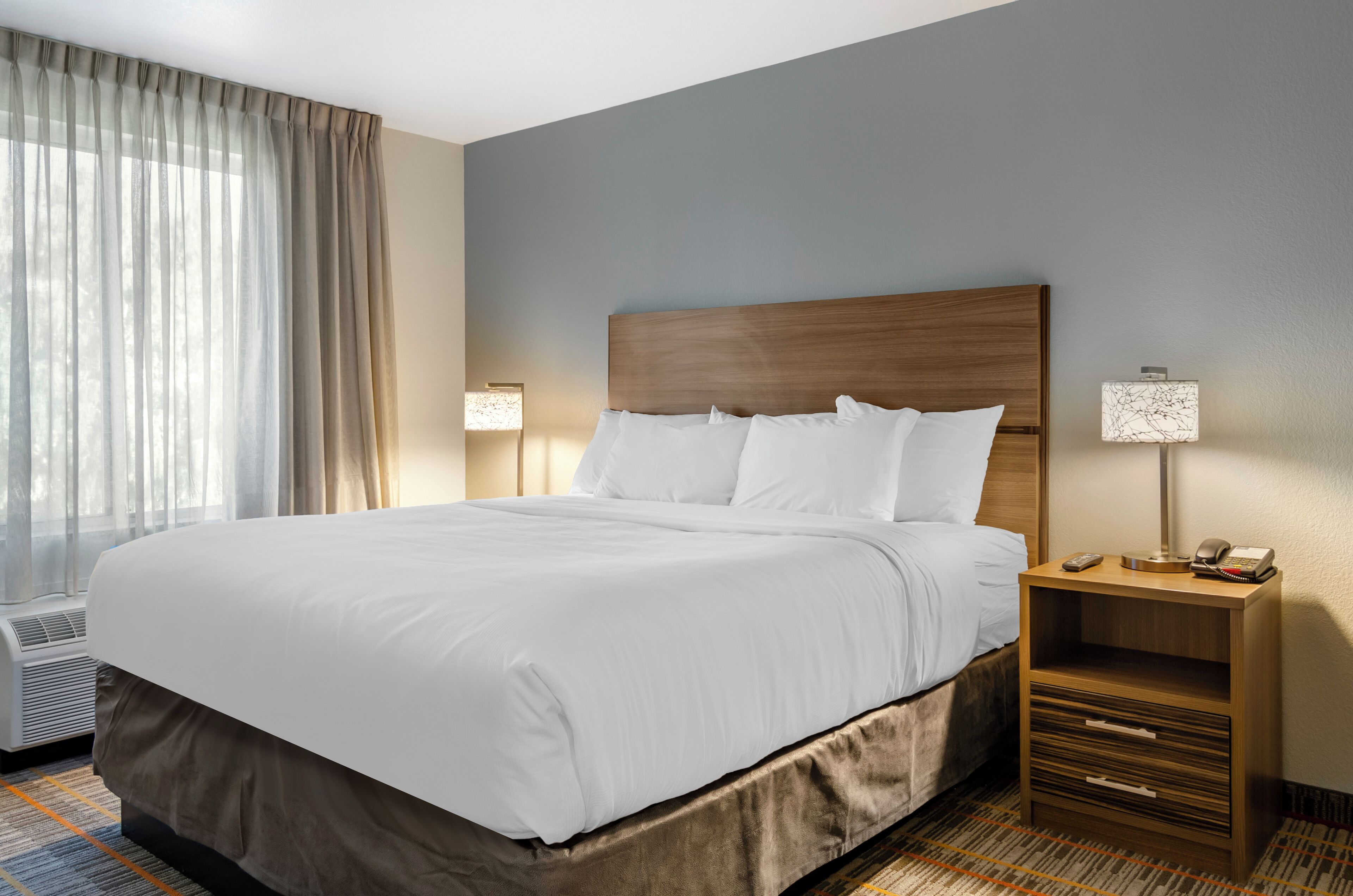 desk, laptop workspace, blackout curtains, iron/ironing board