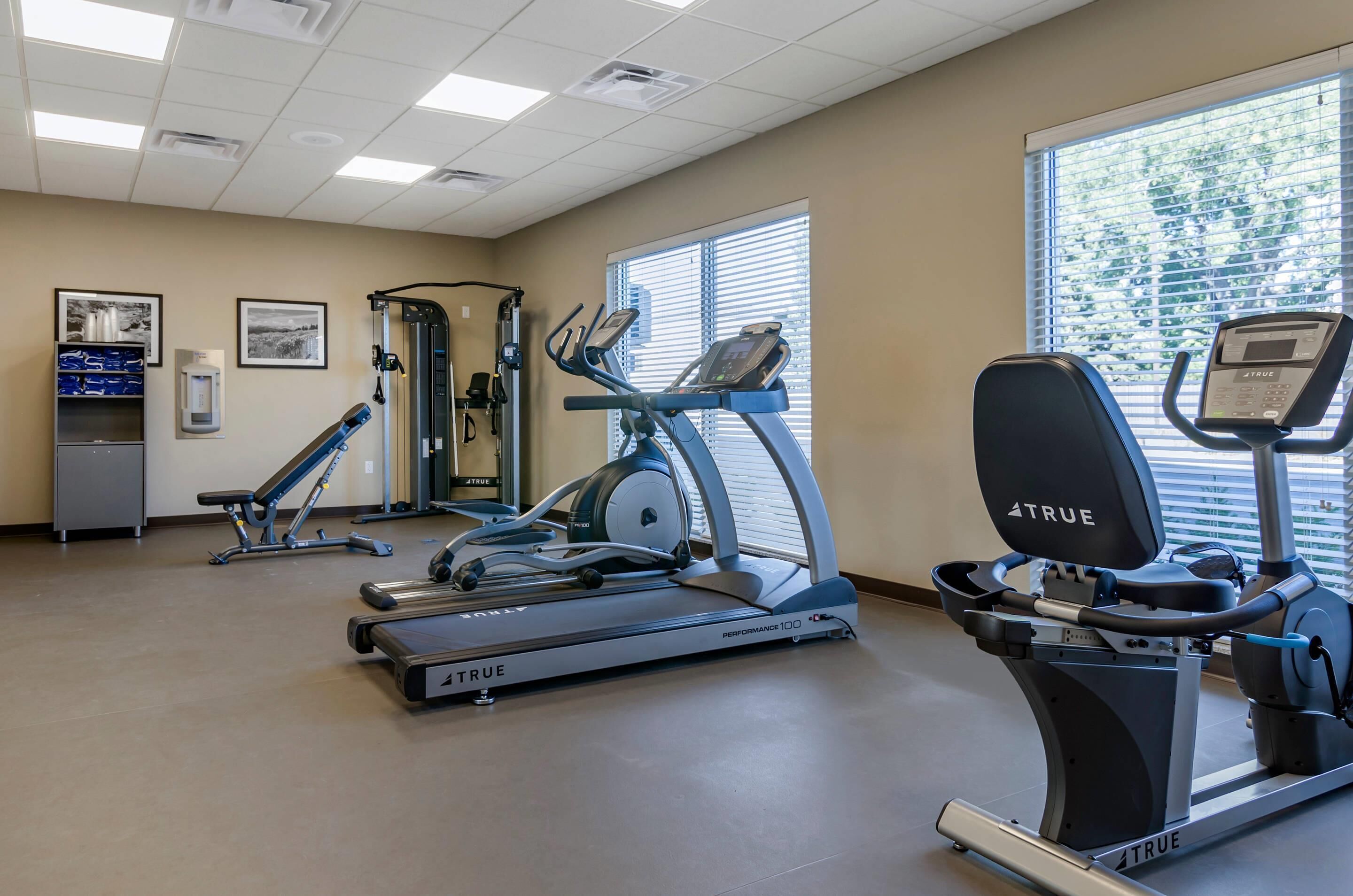 Un centre de remise en forme équipé de tapis de course, d’un appareil d’aviron et d’un banc de musculation.