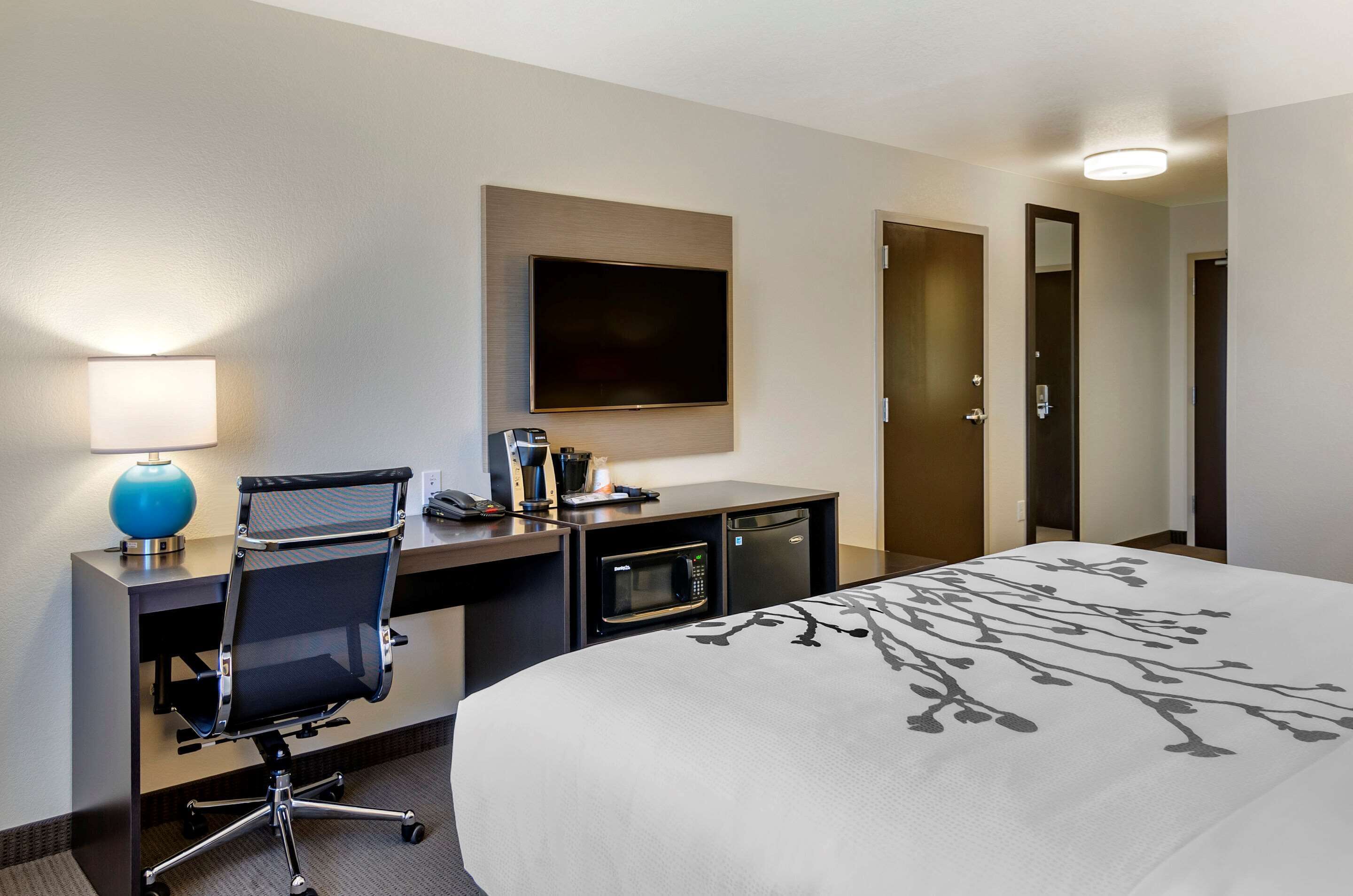 Une chambre d’hôtel équipée d’un lit, d’un bureau, d’une chaise, d’une lampe, d’un four à micro-ondes et d’un téléviseur.