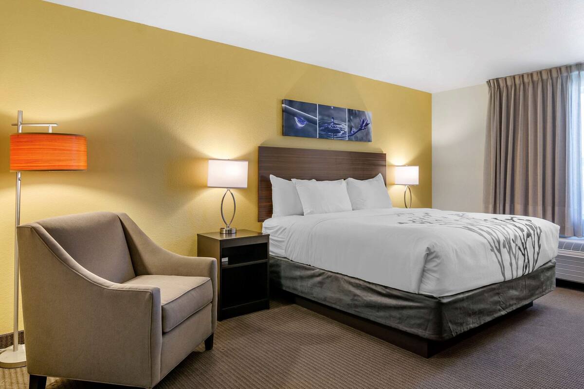 A hotel room with a bed, a chair, two bedside tables with lamps, a wall art piece, and a window with curtains.