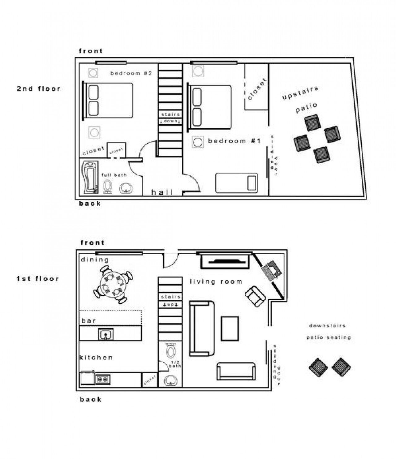 Un appartement situé au deuxième étage, comprenant une chambre, un placard, une salle de bain complète et un couloir, et un autre appartement au premier étage, avec un coin repas, une cuisine, un bar, un salon et un espace détente sur la terrasse.