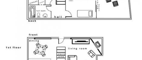Un appartement situé au deuxième étage, comprenant une chambre, un placard, une salle de bain complète et un couloir, et un autre appartement au premier étage, avec un coin repas, une cuisine, un bar, un salon et un espace détente sur la terrasse.