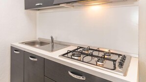 Een kleine keuken met een gasfornuis, een spoelbak en donkere kasten met zilveren handgrepen.