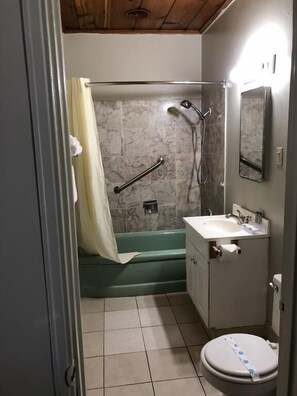 Chambre de base, 1 grand lit | Salle de bain | Ensemble baignoire-douche, serviettes fournies