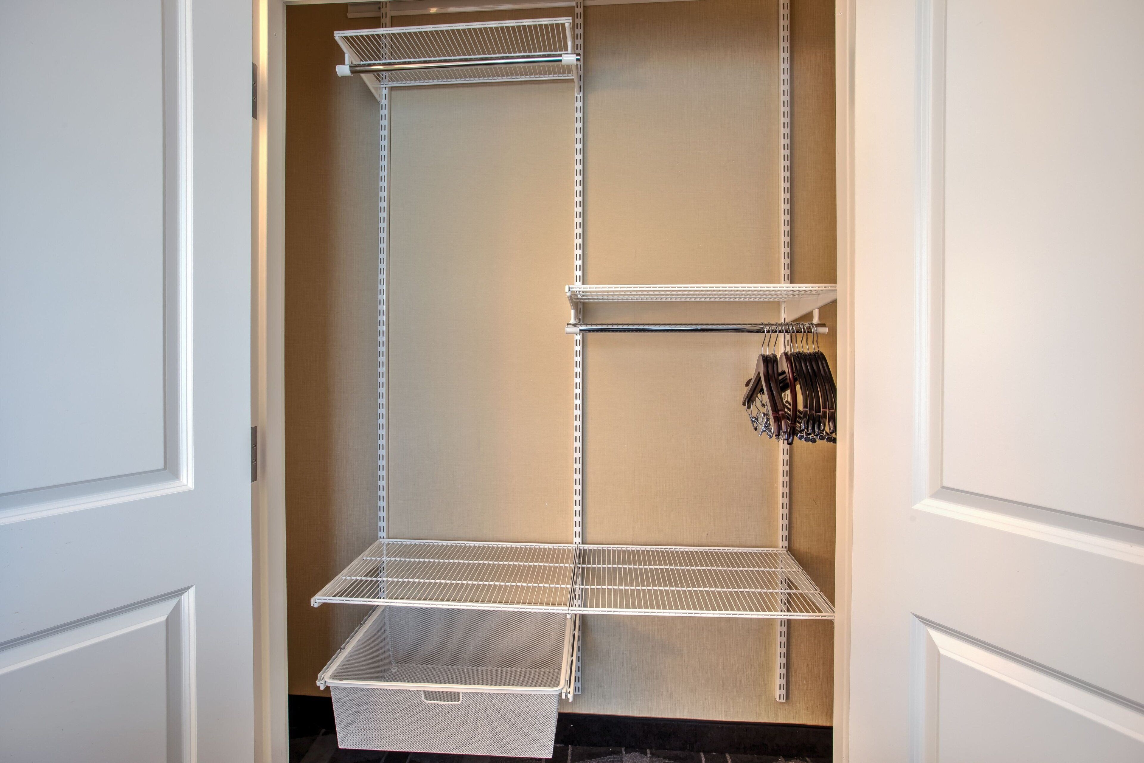 desk, laptop workspace, blackout curtains, iron/ironing board