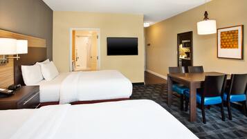 Desk, laptop workspace, blackout drapes, iron/ironing board