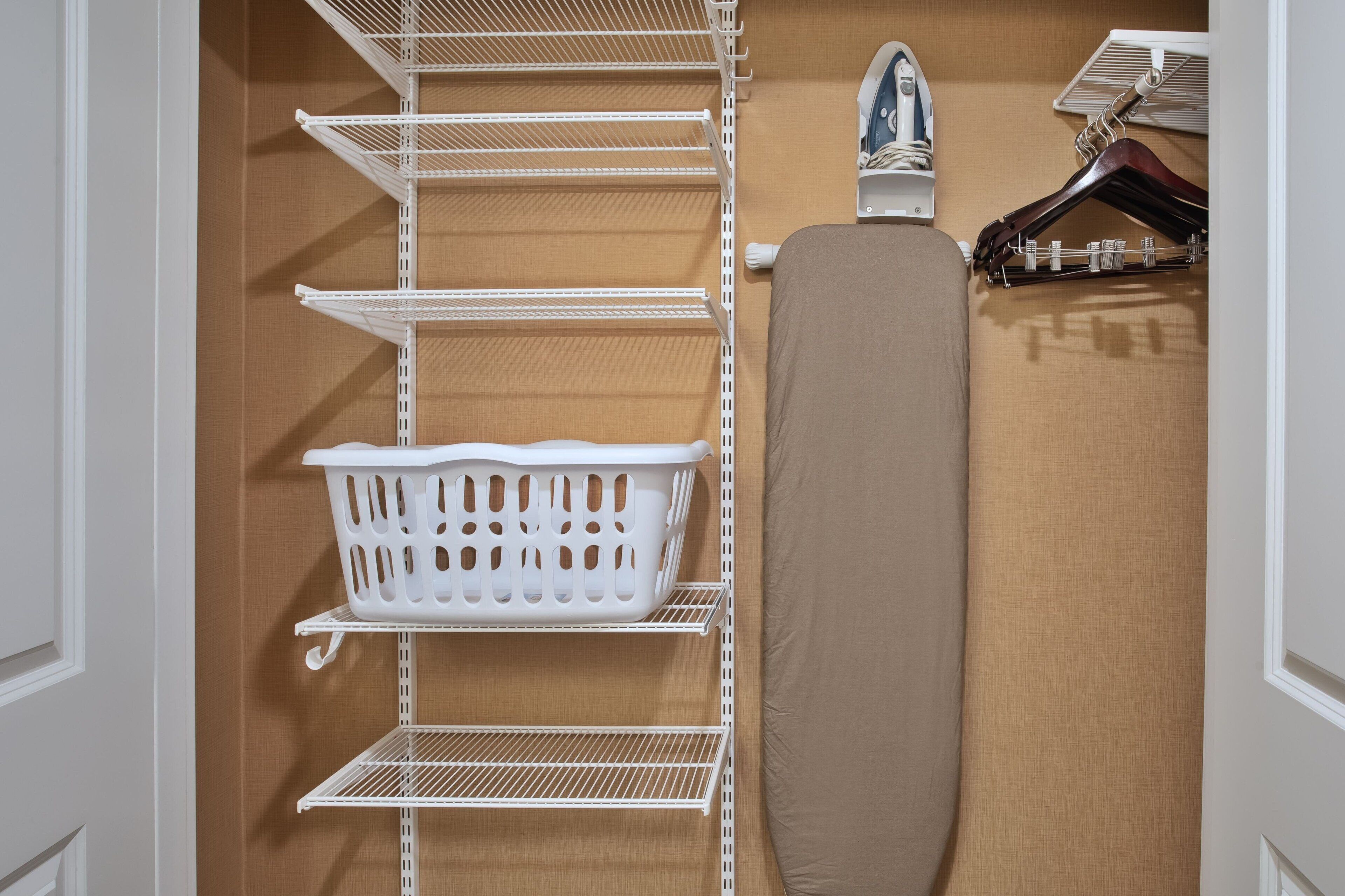 desk, laptop workspace, blackout curtains, iron/ironing board