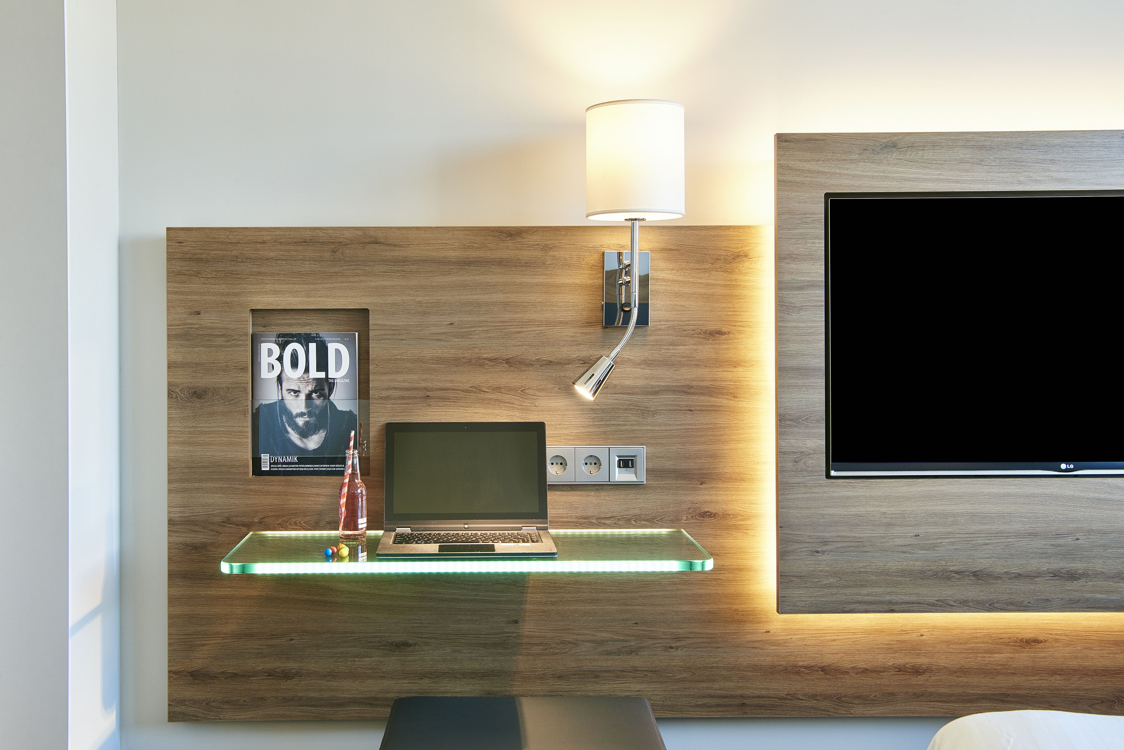 premium bedding, desk, laptop workspace, blackout curtains