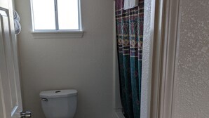 A small bathroom with a toilet, a window, and a shower curtain.
