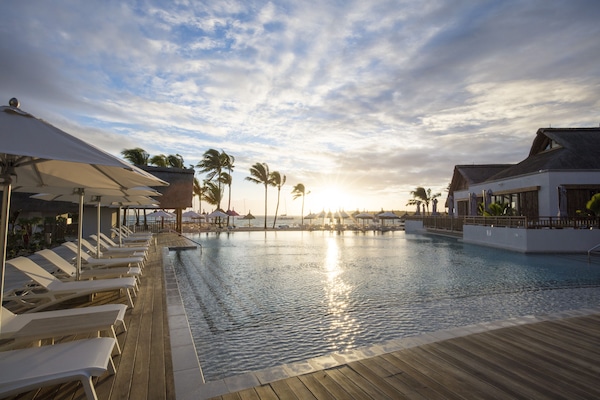 Outdoor pool, pool umbrellas, pool loungers