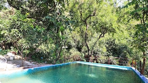 A clear blue pool surrounded by lush greenery and trees. - OYO 23439 Tapovan Heights Camp & Resort (Narendranagar)