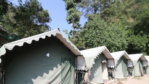 A row of green tents with white trim, set up in a campsite surrounded by trees. - OYO 23439 Tapovan Heights Camp & Resort (Narendranagar)