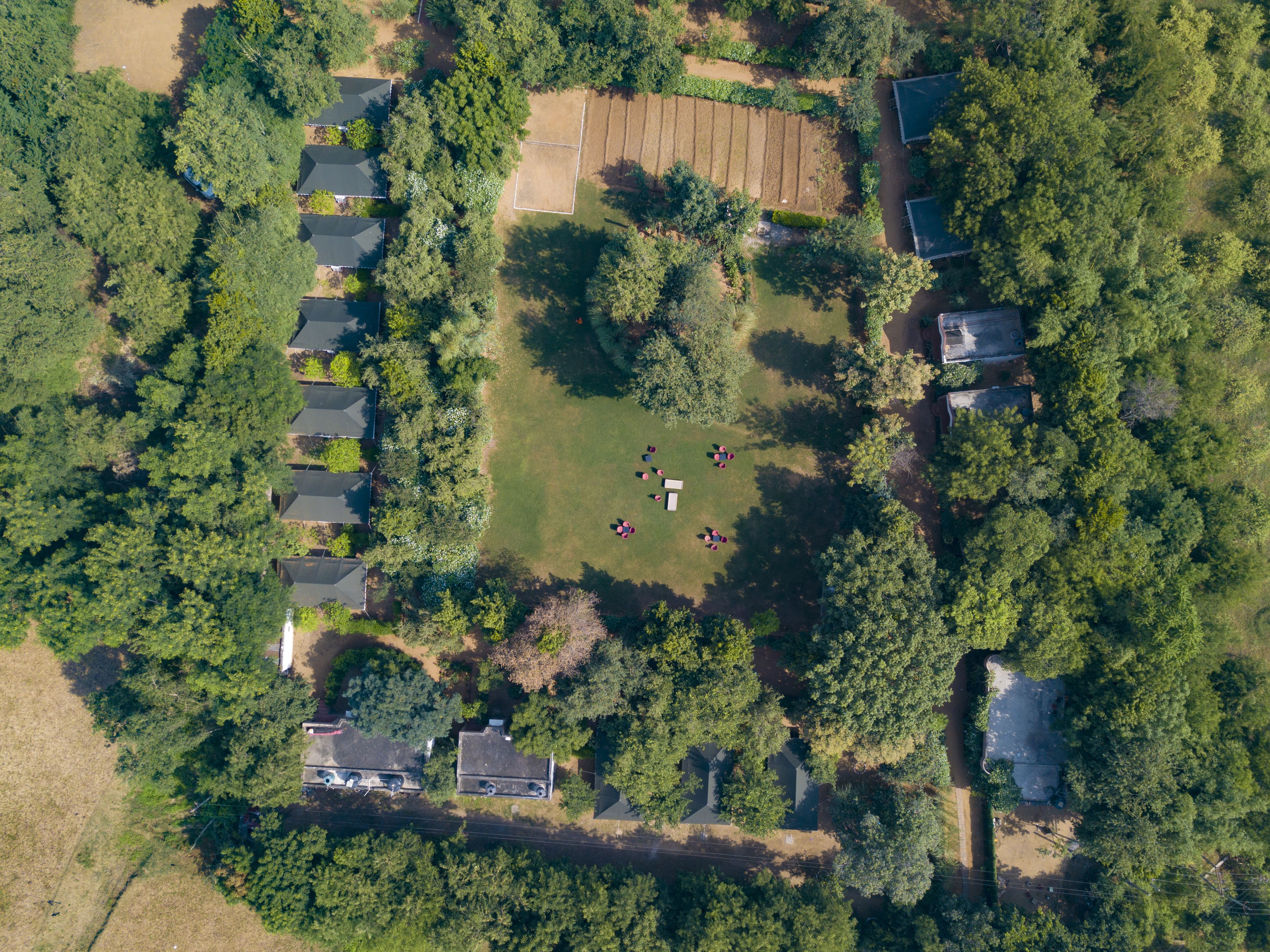 An aerial view of a residential area with multiple houses, a central grassy field, and surrounding dense trees.