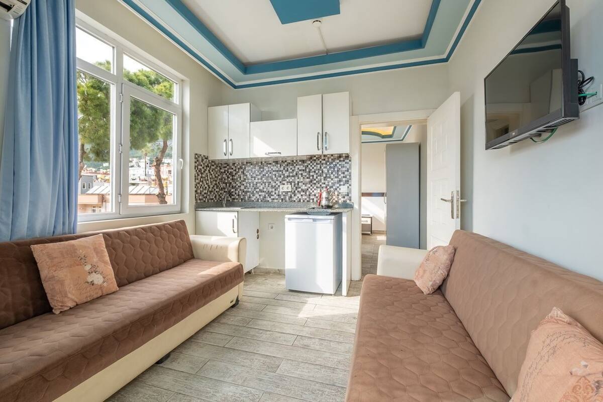 A compact living space with a kitchenette, two sofas, a TV, and a view through a window.
