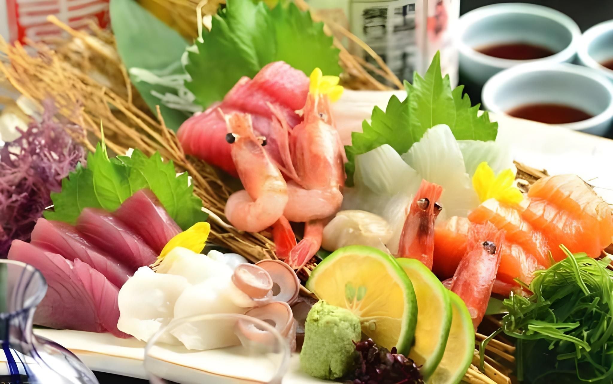 A variety of sushi and sashimi on a plate with wasabi and pickled ginger.