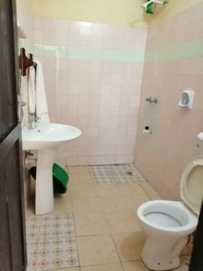 Kylpyhuone, jossa on pesuallas, wc ja vihreä siivousämpäri.