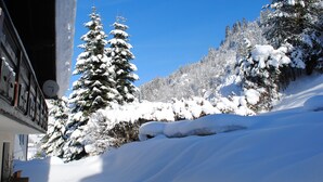 Un paysage enneigé, avec des arbres couverts de neige et un bâtiment doté d’un toit en pente.