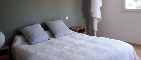 A bedroom with a bed, nightstands, a ceiling light fixture, and a window.