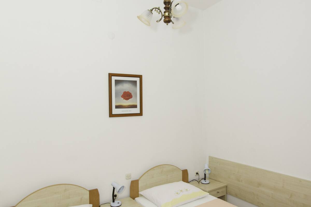 A room with two beds, a bedside table with a lamp, a framed picture on the wall, and a ceiling fan.