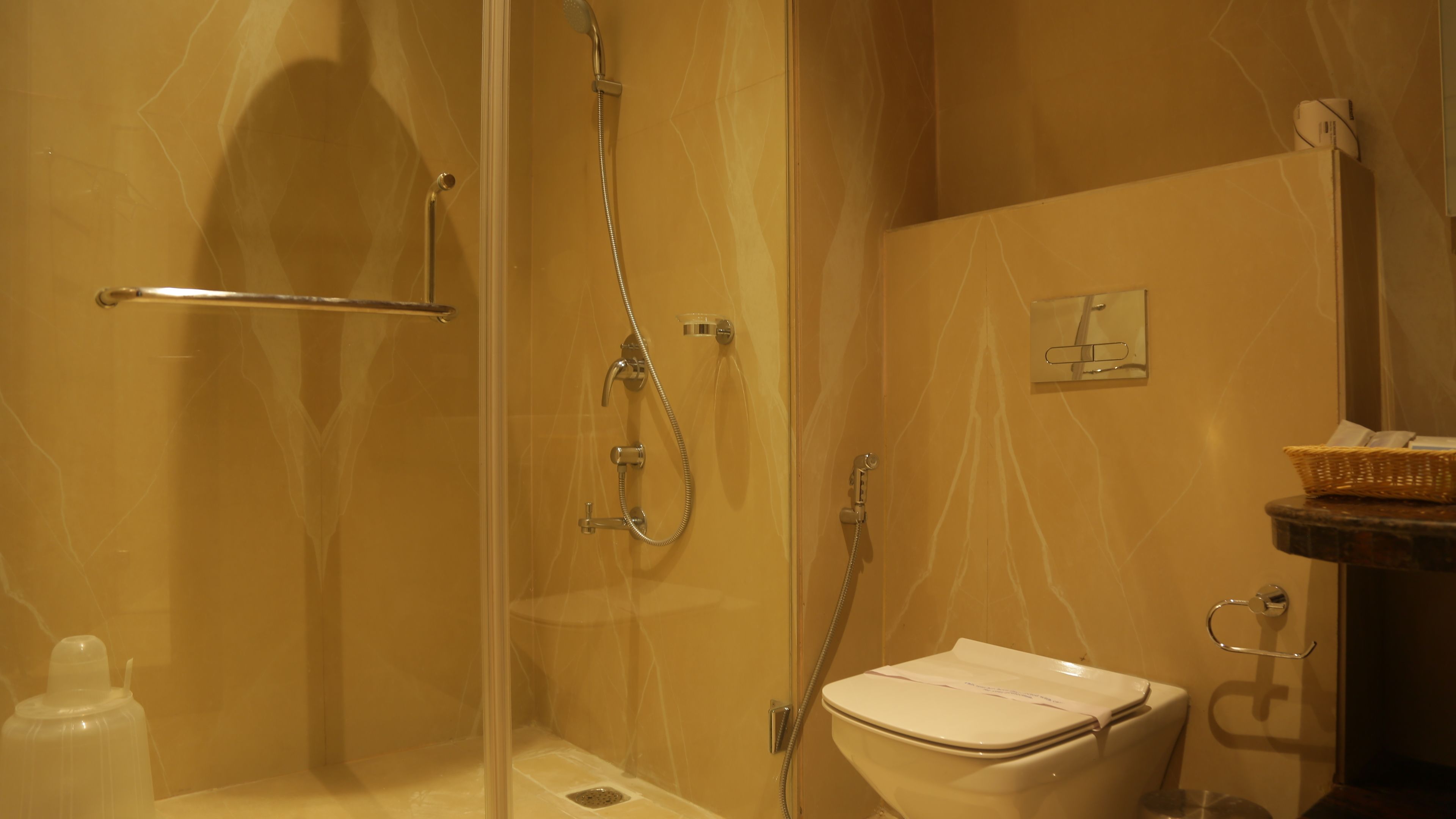 A bathroom with a glass-enclosed shower, a toilet, and a sink with a basket on the counter.