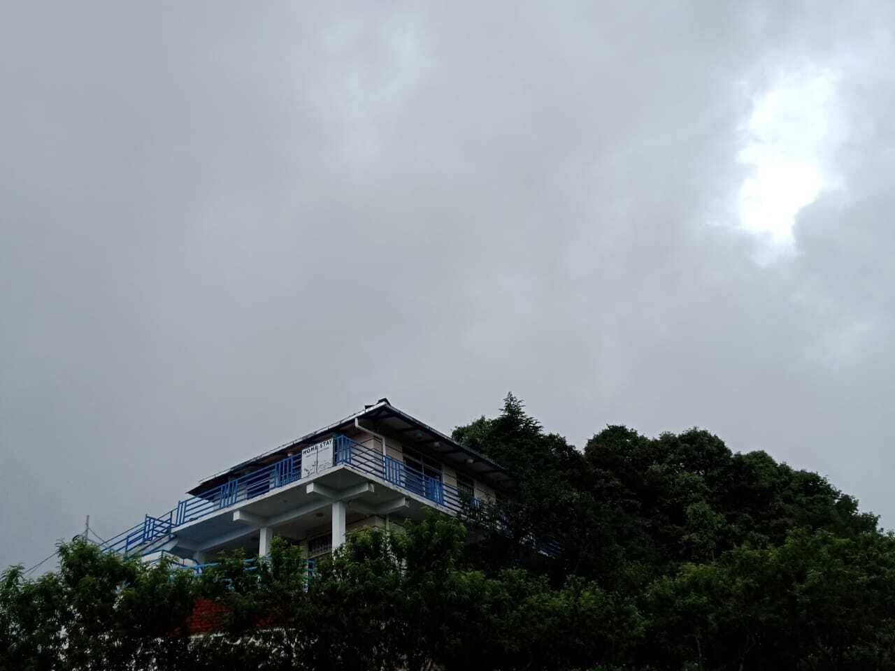 A multi-story building with a balcony on the upper level, surrounded by dense foliage.