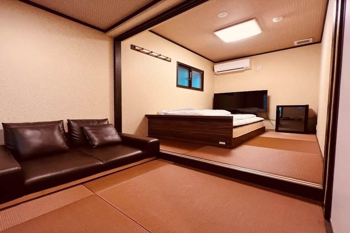 A room with a sofa, a bed, a television, and a mirror.
