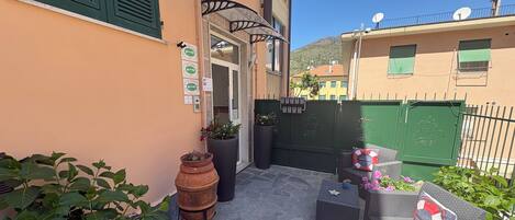 Un patio con un sofá de mimbre, plantas en macetas, una maceta de terracota grande y un portón verde.