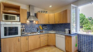 A compact kitchen with wooden cabinets, a microwave, an oven, a gas stove, and a dishwasher. - Gîte Calzolari in Corsica (Castifao)
