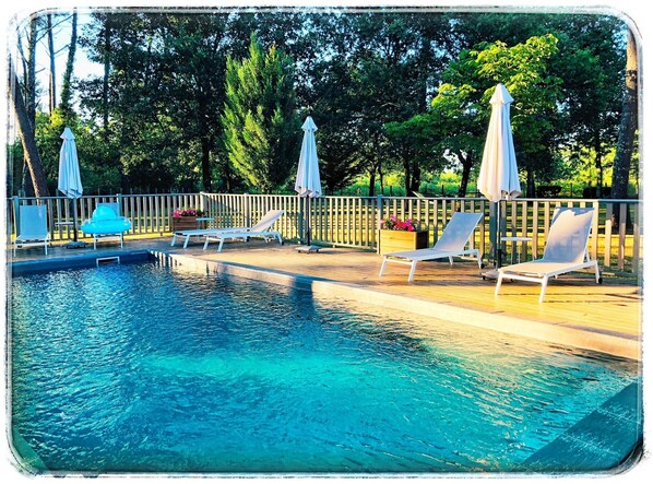 Outdoor pool, a heated pool, pool loungers