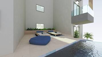 AuĂenpool, geöffnet von 10:30 Uhr bis 18:30 Uhr, Sonnenschirme