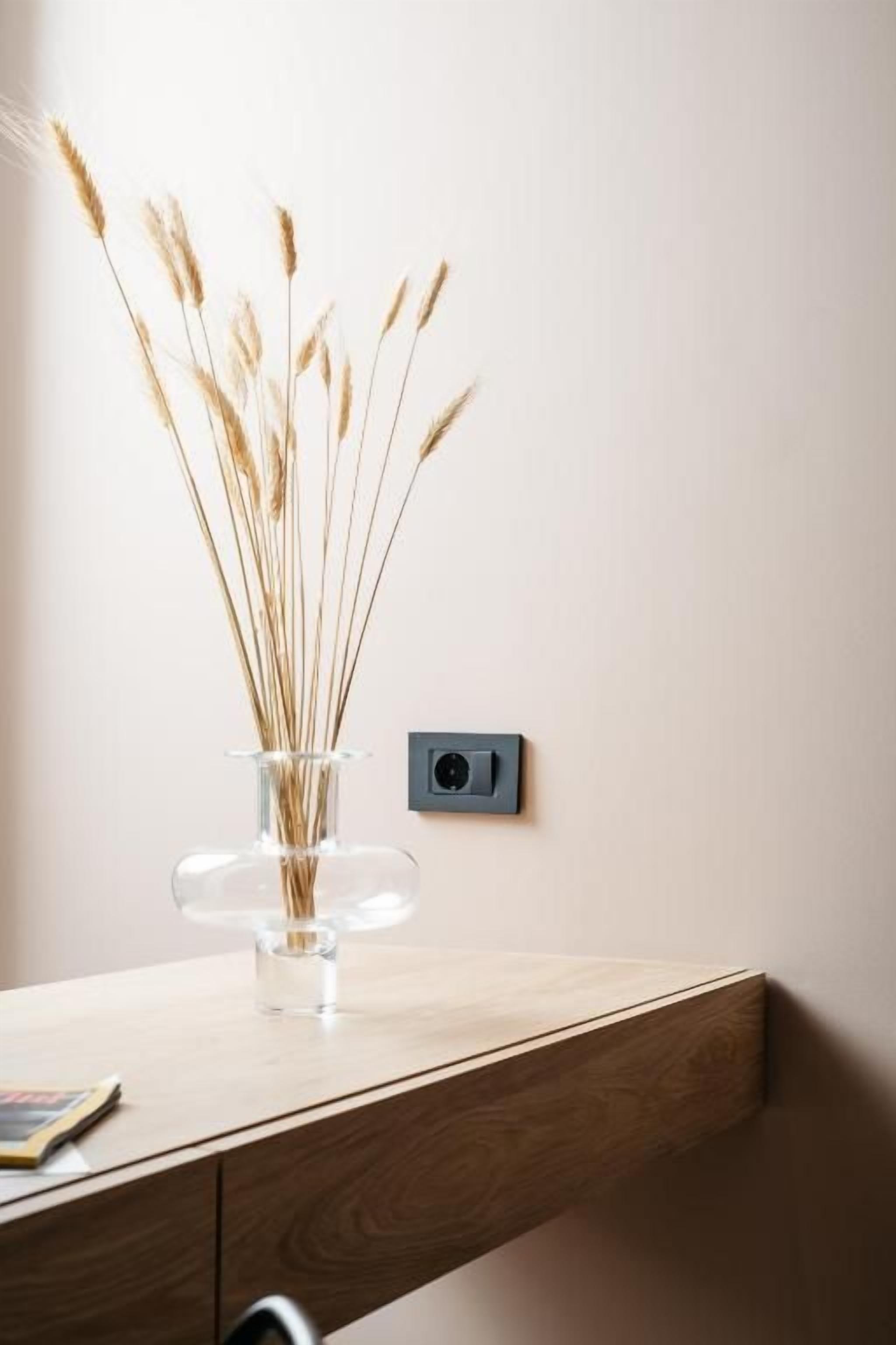 Un florero de vidrio transparente con cañas secas sobre una superficie de madera, un interruptor de luz en la pared y una revista.