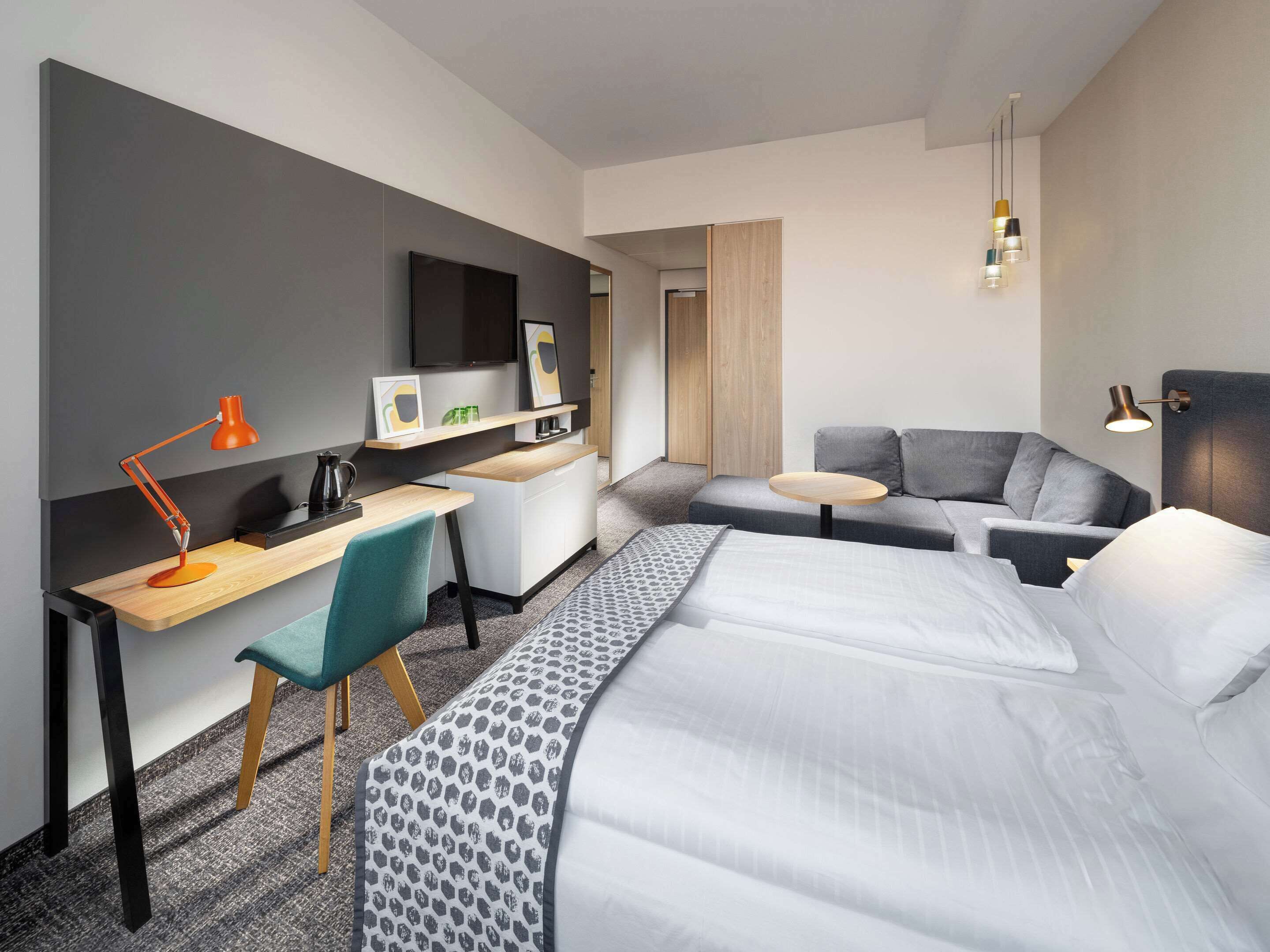 premium bedding, desk, laptop workspace, blackout curtains