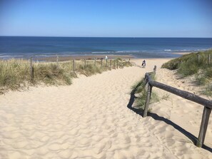A sandy beach path leading to the ocean with a wooden fence on the right. - Bungelow "Duinvogel" Beach with bath in the garden (Noordwijk)