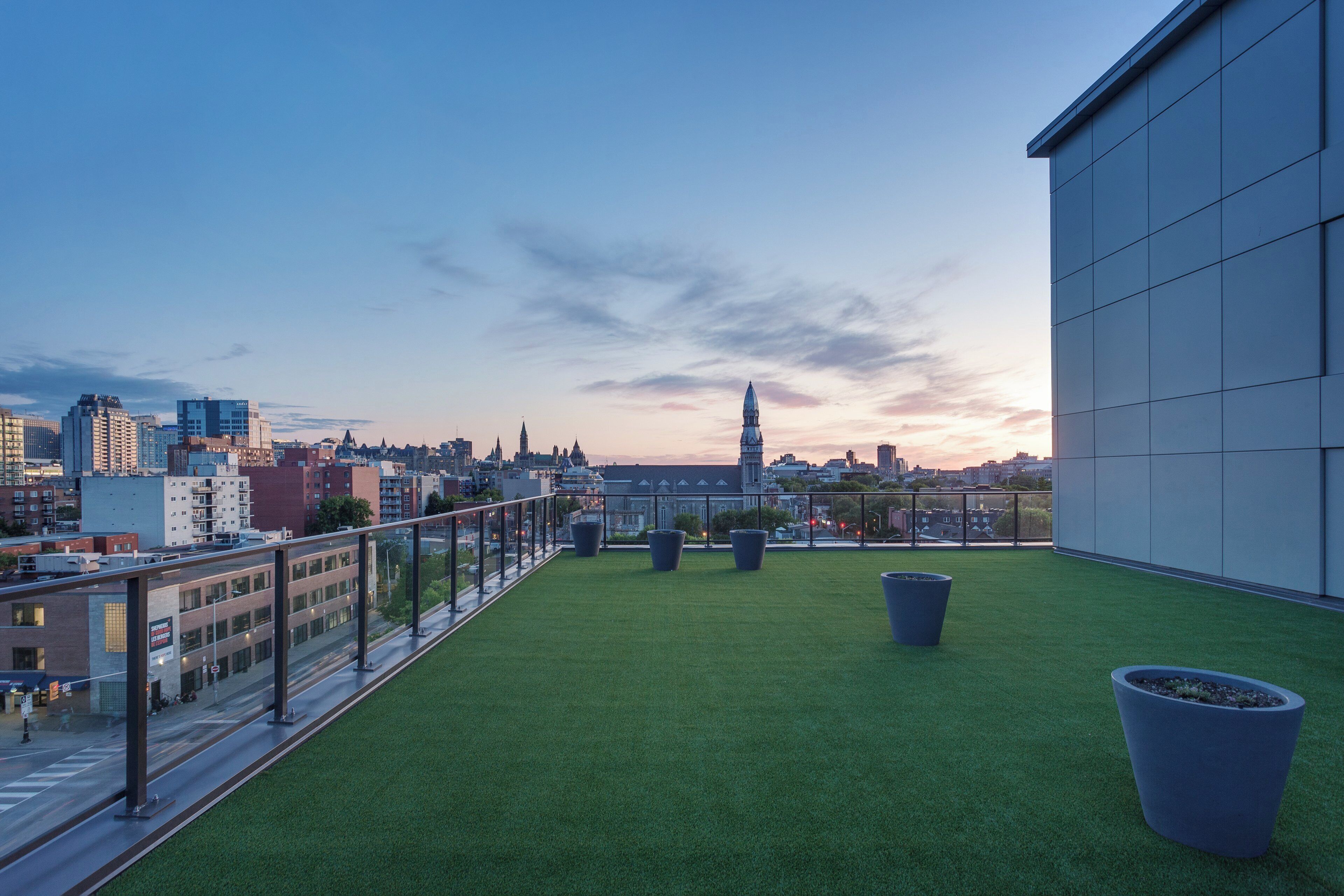 Terraza en la azotea con césped artificial, plantas en macetas y vistas panorámicas de la ciudad.