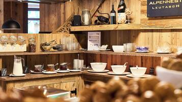 A wooden interior with shelves displaying various jars, bottles, and bowls.