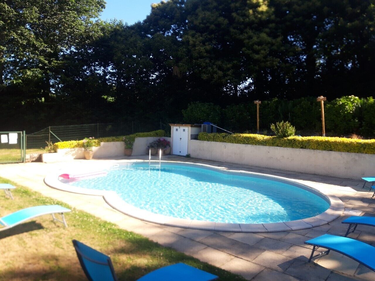 Une piscine à bordures courbes, entourée d’un petit muret et d’un petit espace jardin. On y trouve des chaises longues bleues et un petit abri blanc à proximité.