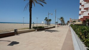 A beachfront promenade with palm trees, a clear sky, and a beach in the background.