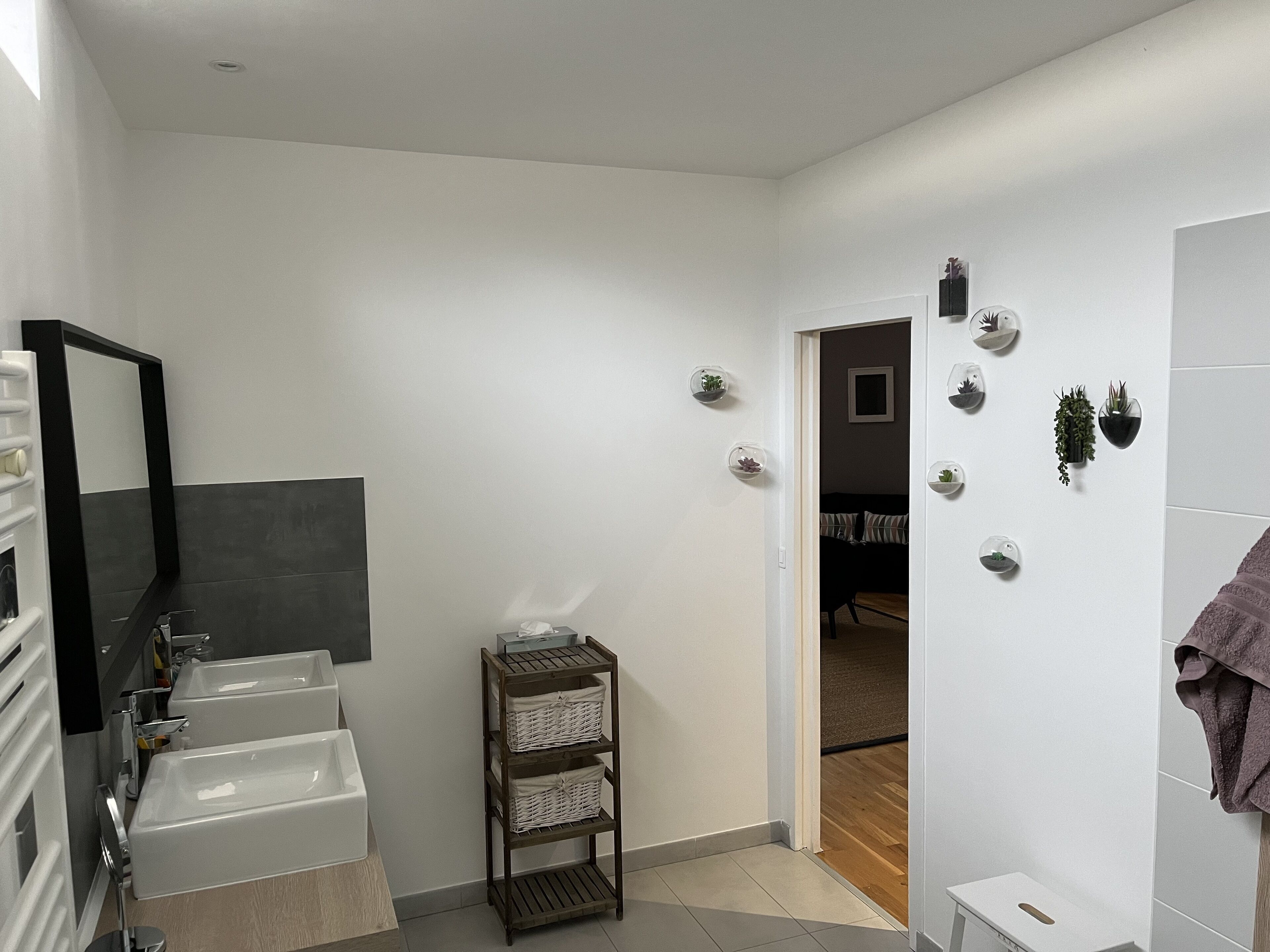 Une salle de bain moderne avec deux lavabos, un miroir et une petite étagère avec des paniers.