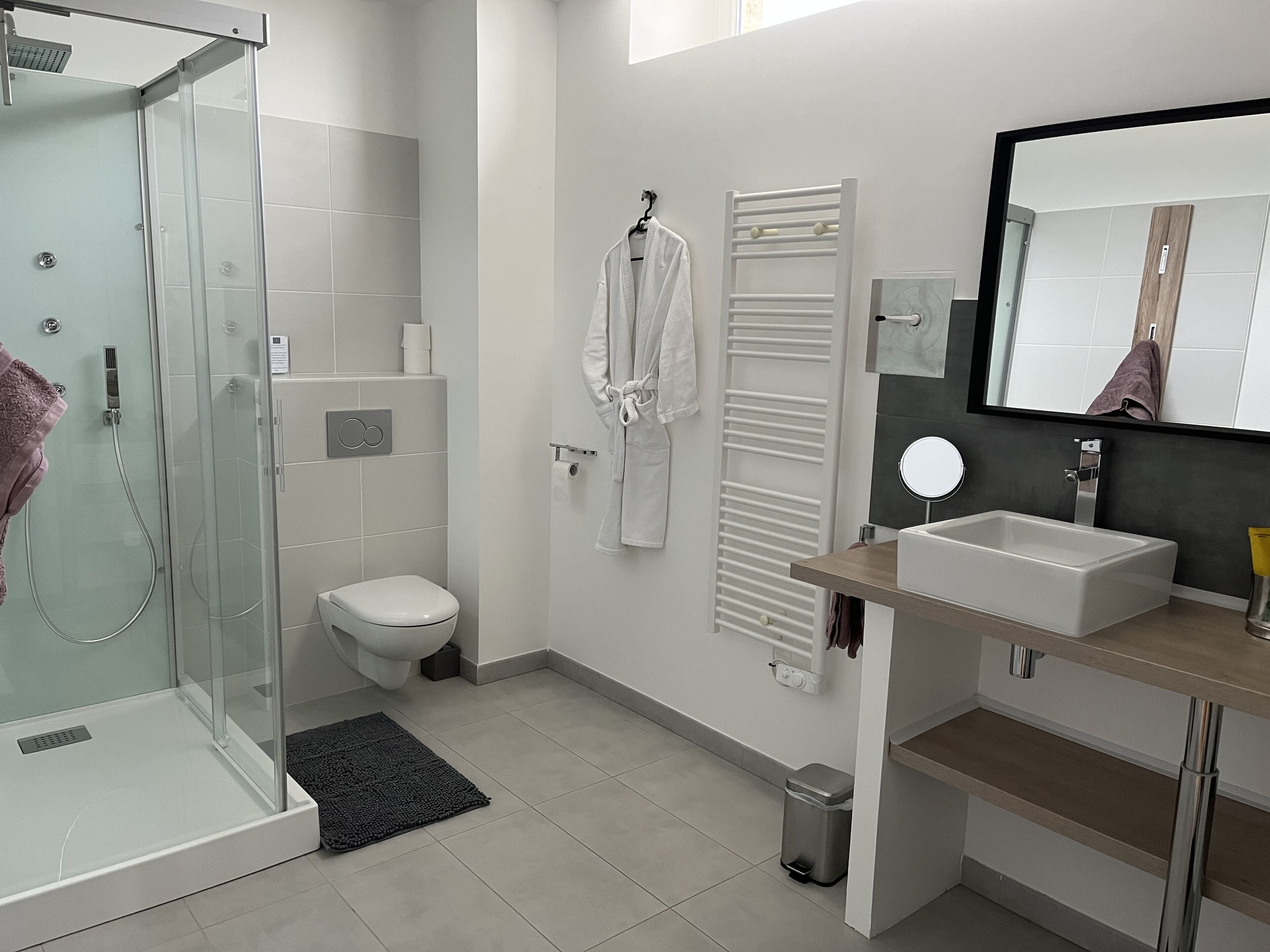 Een moderne badkamer met een glazen douchecabine, toilet, handdoekhouder, spiegel en wastafel.