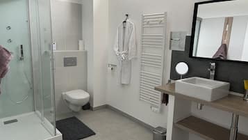 Een moderne badkamer met een glazen douchecabine, toilet, handdoekhouder, spiegel en wastafel.
