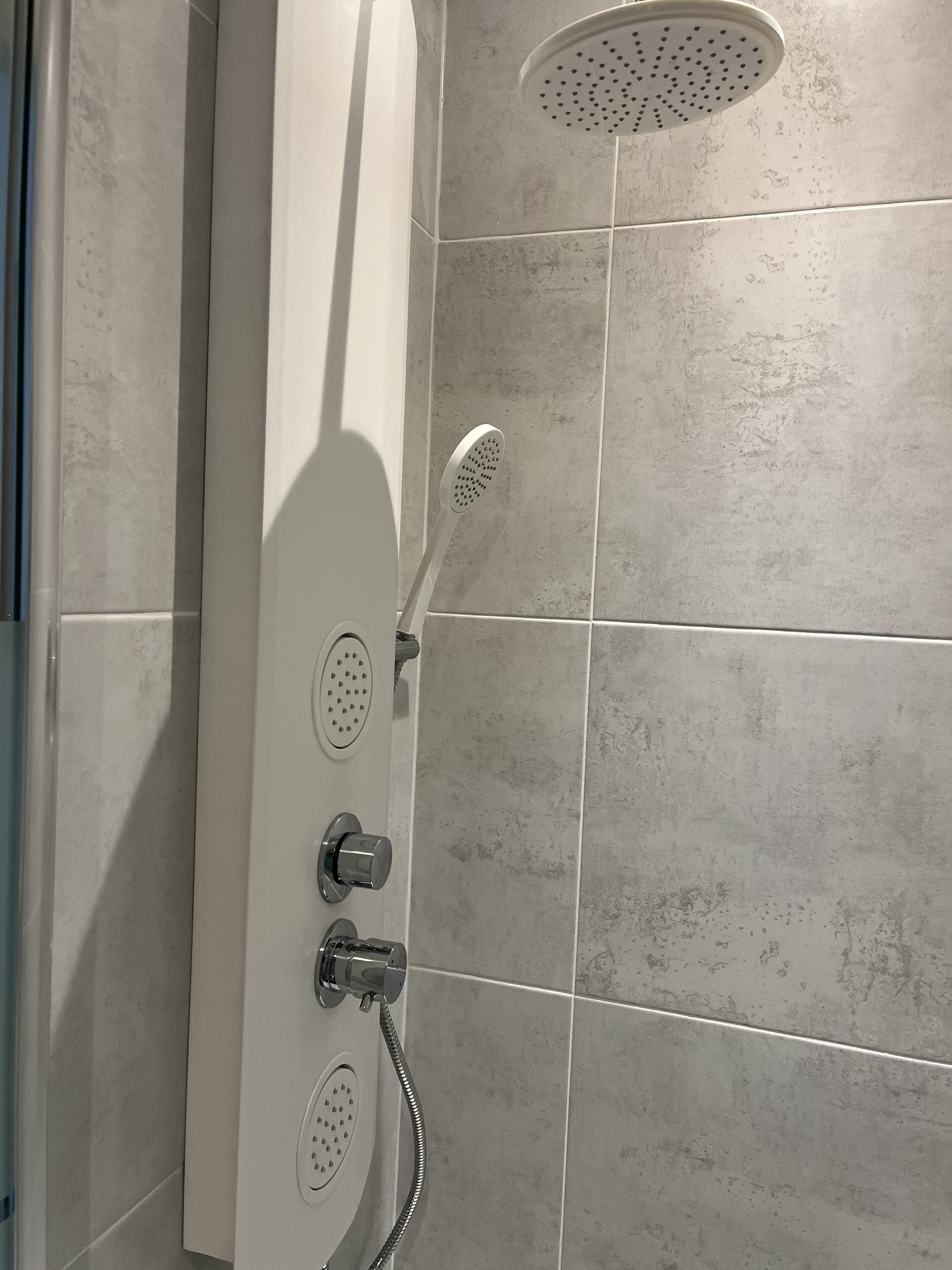 Una ducha con cabezal de ducha de mano y un cabezal de lluvia integrado a la pared.