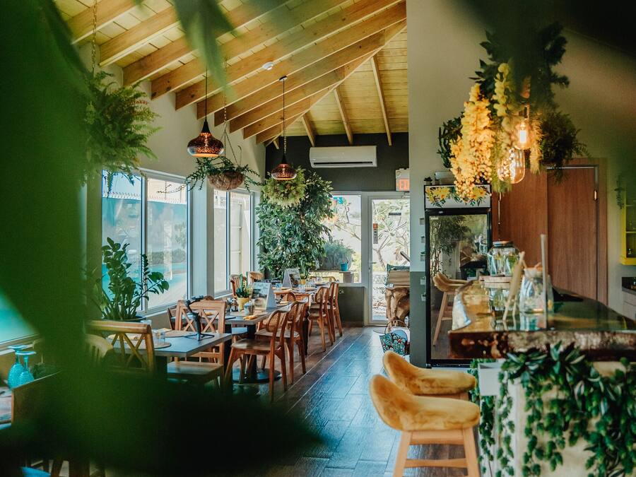 Un restaurante con vigas de madera, ventanas amplias y plantas colgantes.