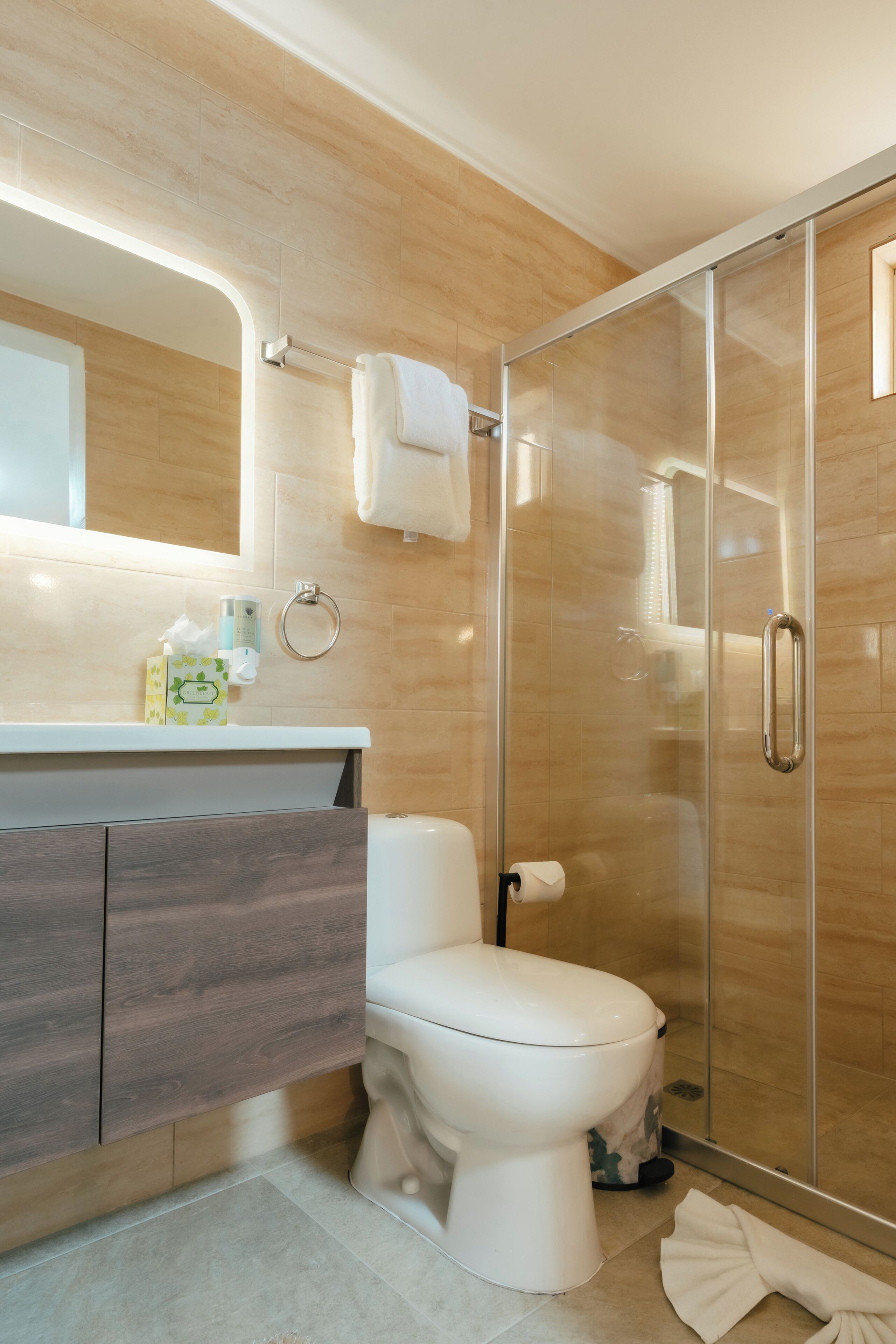 A modern bathroom with a toilet, a glass shower enclosure, a vanity with a mirror, and a towel rack.
