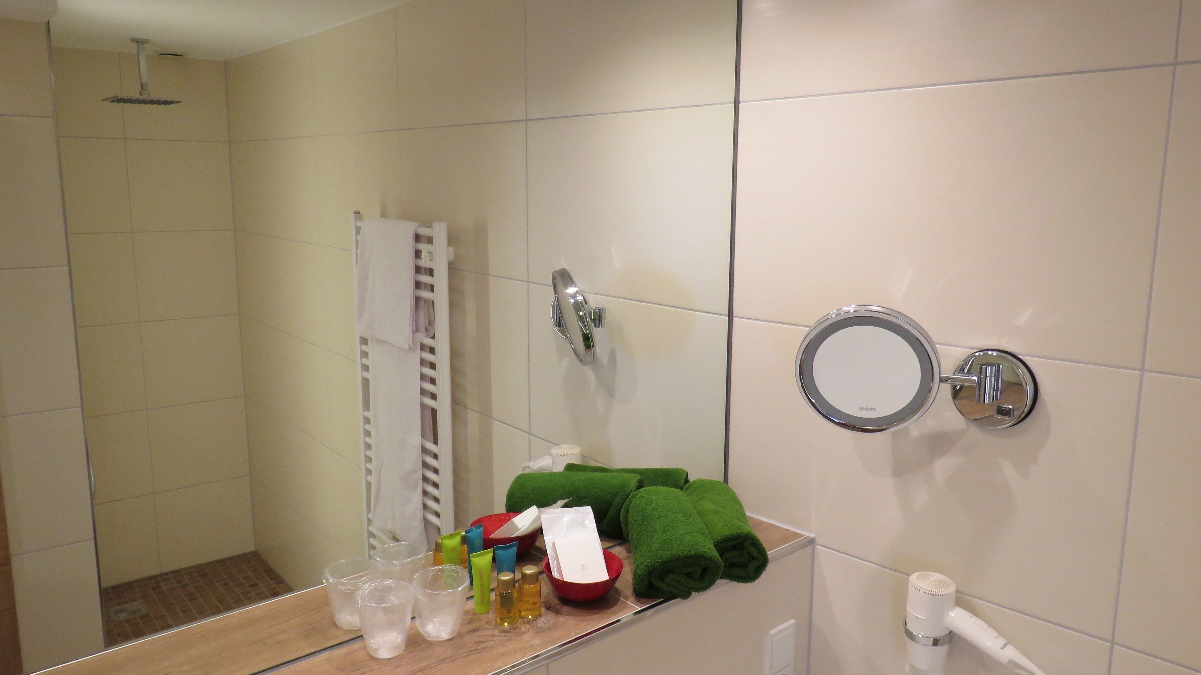 Une salle de bain avec une douche, un miroir et des articles de toilette sur le comptoir.