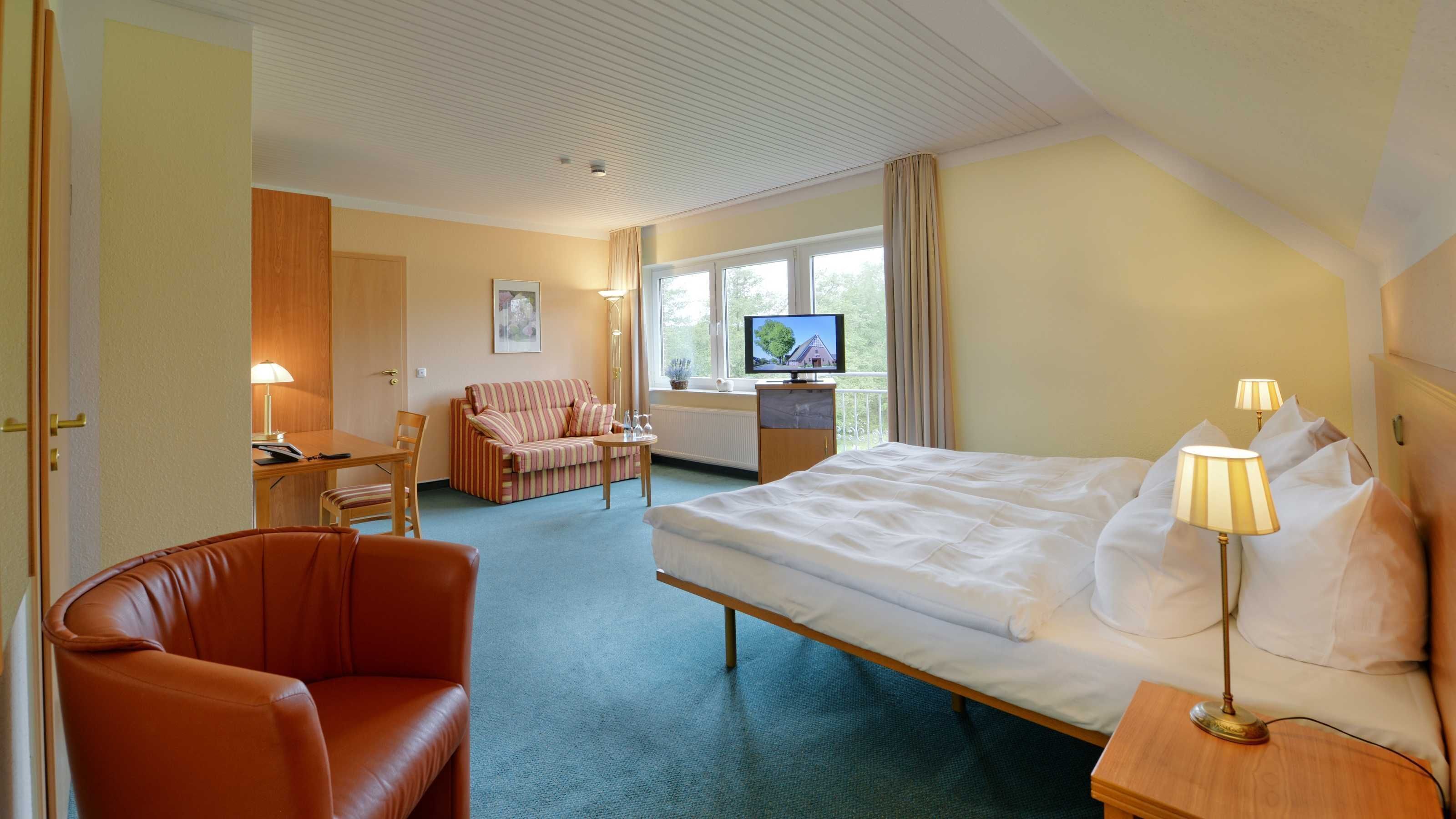 A hotel room with a bed, a desk, a chair, a sofa, and a television.