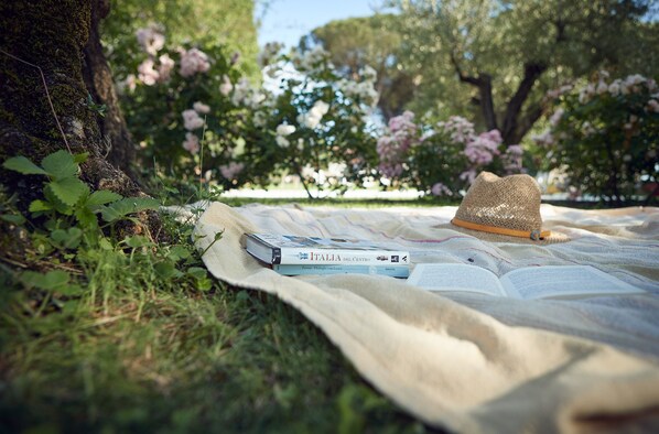 A picnic setup with a book titled "Italia del Centro" and a straw hat on a blanket.