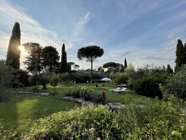 Un jardin bien entretenu, avec une pelouse, divers arbustes et quelques arbres. On y trouve des espaces aménagés pour se détendre à l’extérieur, avec des parasols.