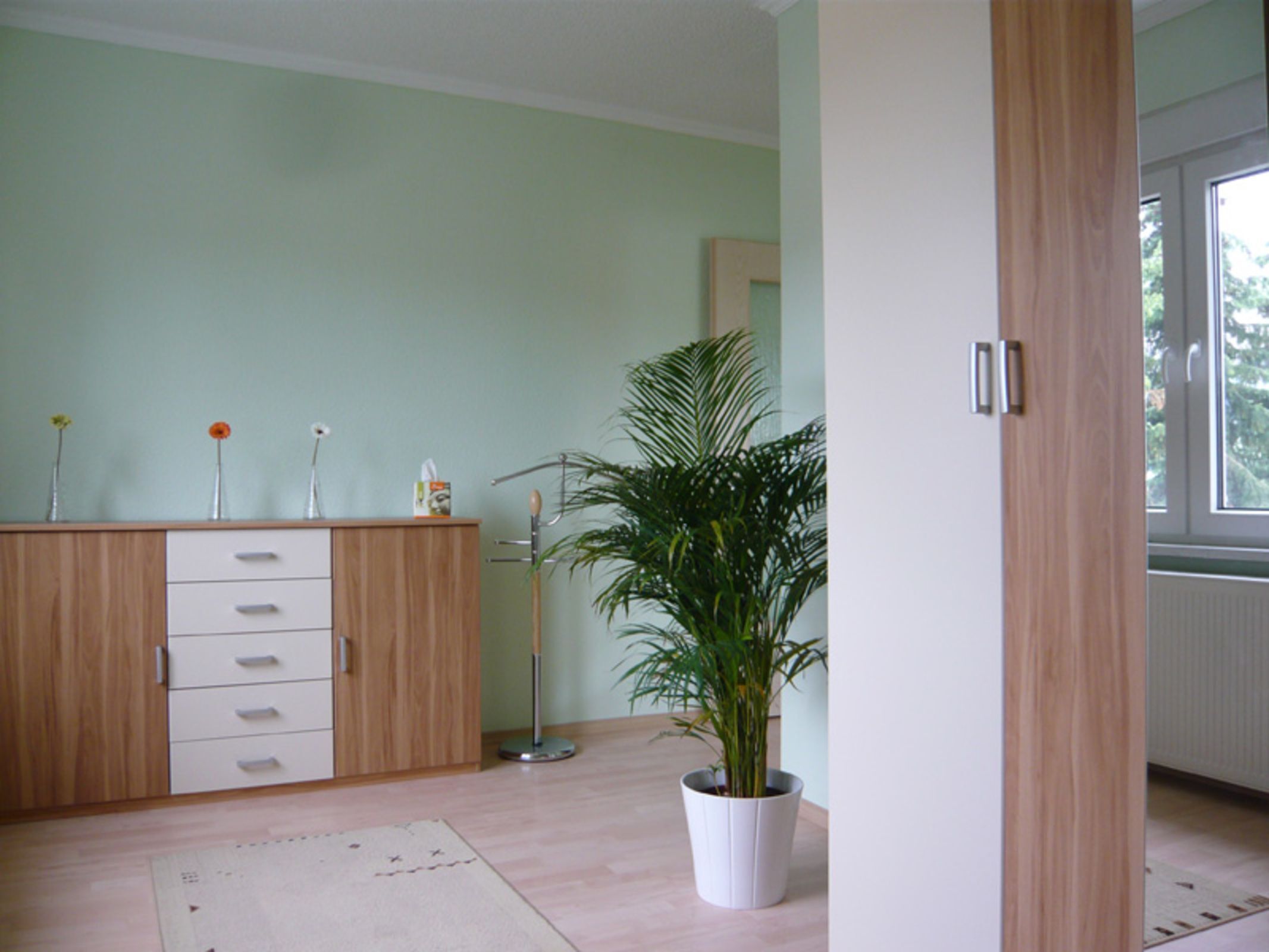 A room with a wooden cabinet, a potted plant, and a window.